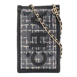 CHANEL Tweed Chain Bag Shoulder Pouch Pochette Vinyl Leather Clear Black